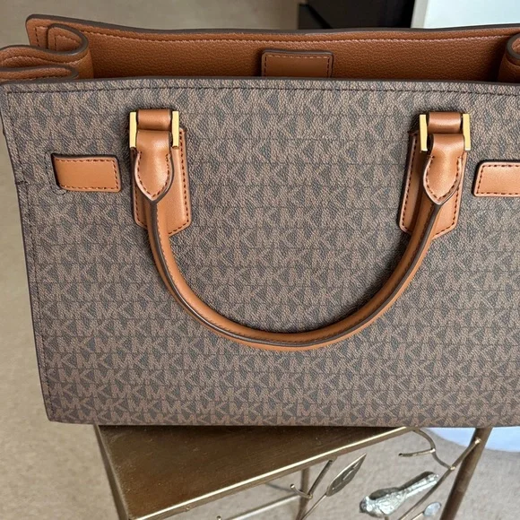 Michael Kors Brown/Tan MK Logo Satchel with Gold Accent - Picture 4 of 7